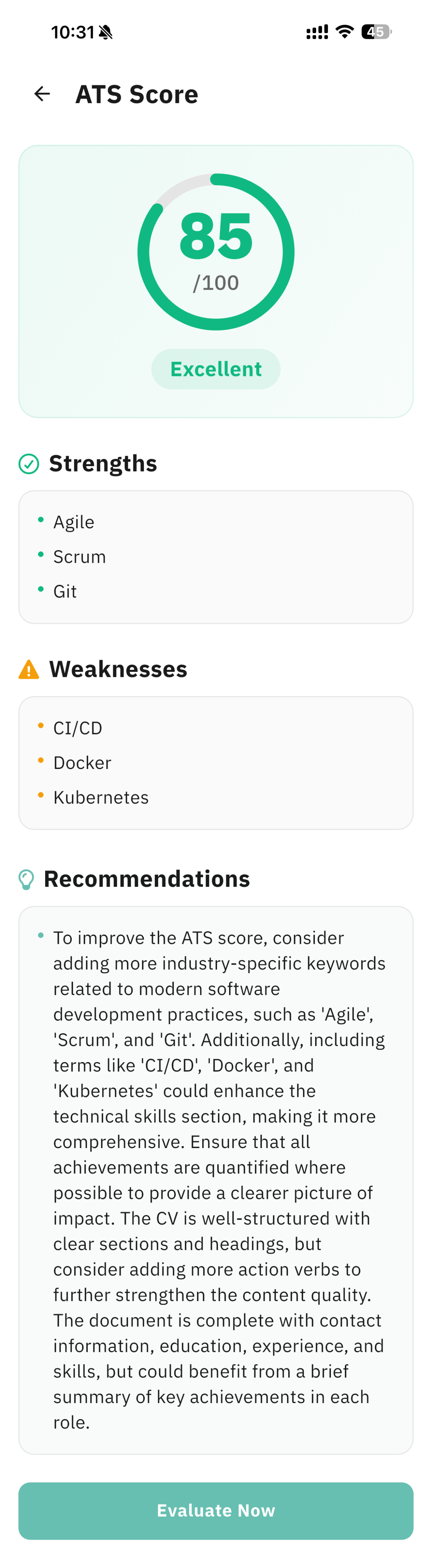 SBR Candidate App — ATS Score Screen